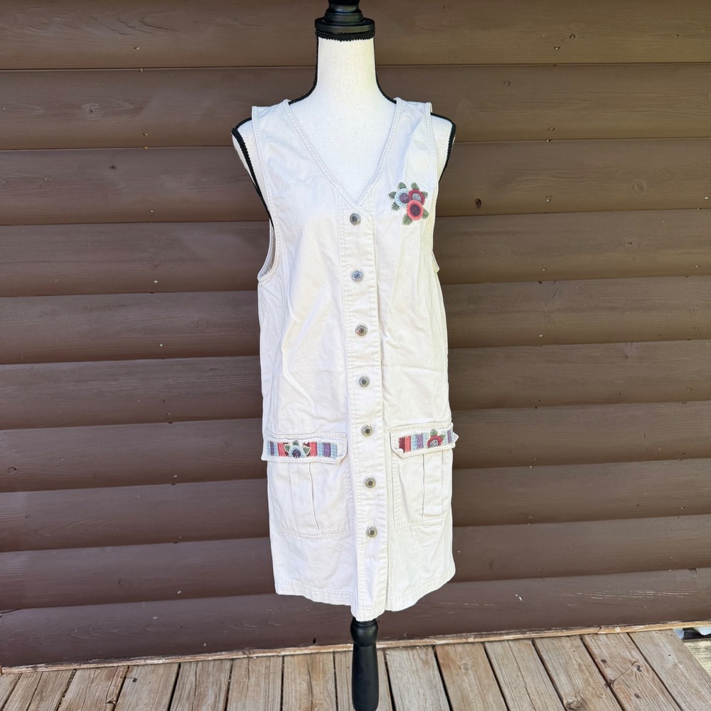 Vintage 90s North Crest Embroidered Denim Utility Dress Small Off White